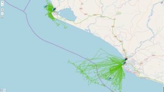 Recorded tracks to date by Pelagic Data Systems units in relation to the 12 nautical mile limit (shown in purple).